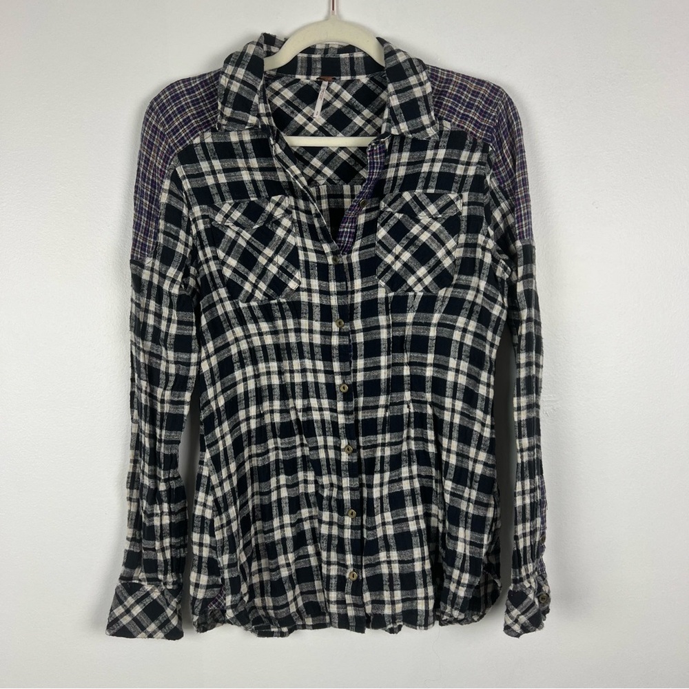Free People Flannel Button Up Shirt Mixed Plaid Pleats Size Small